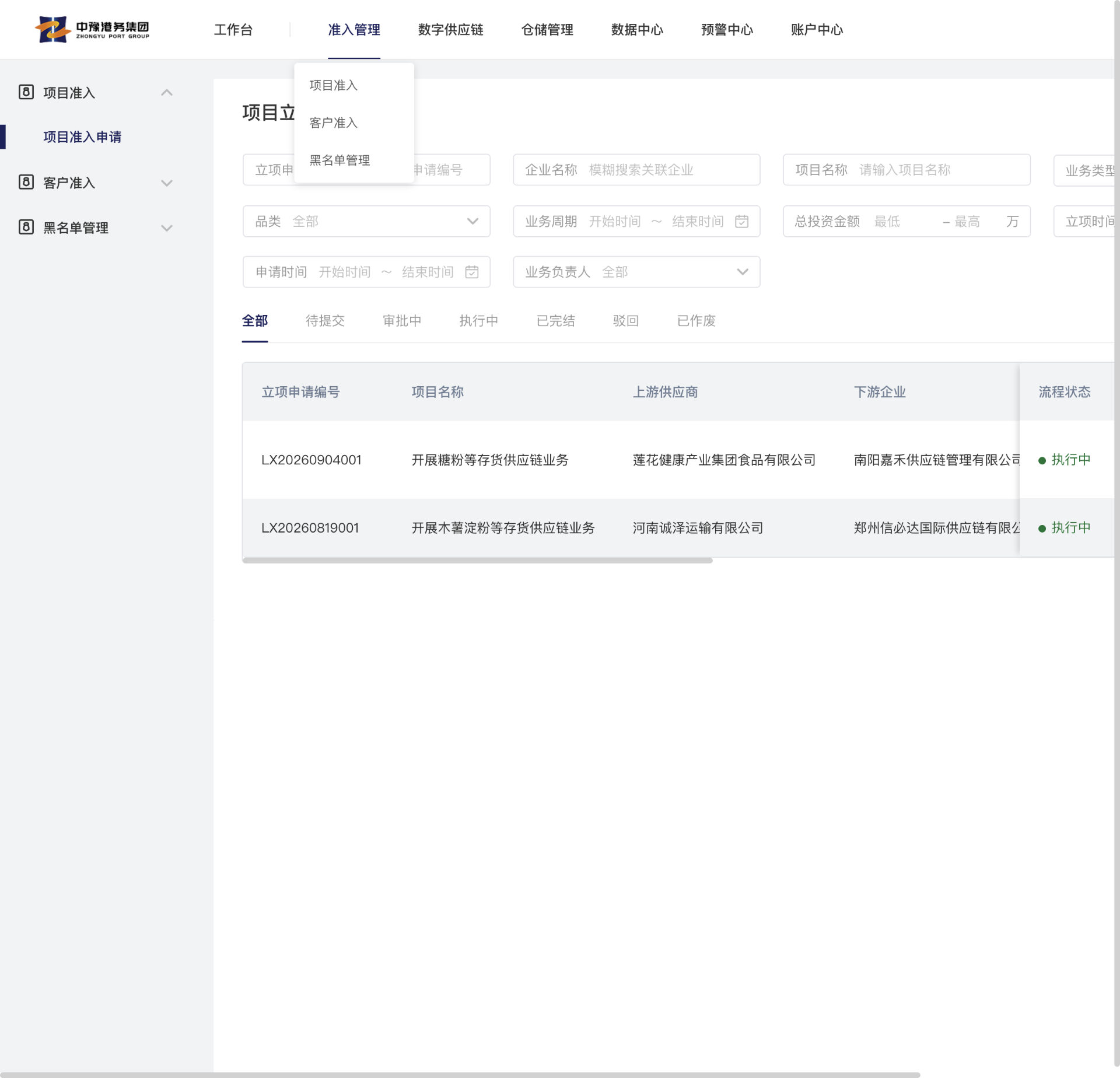 项目准入申请